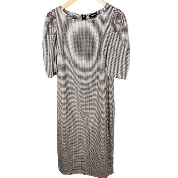 Tacera  Herringbone puff sleeves dress  Small Cream Pencil  Red  plaid - Picture 2 of 9